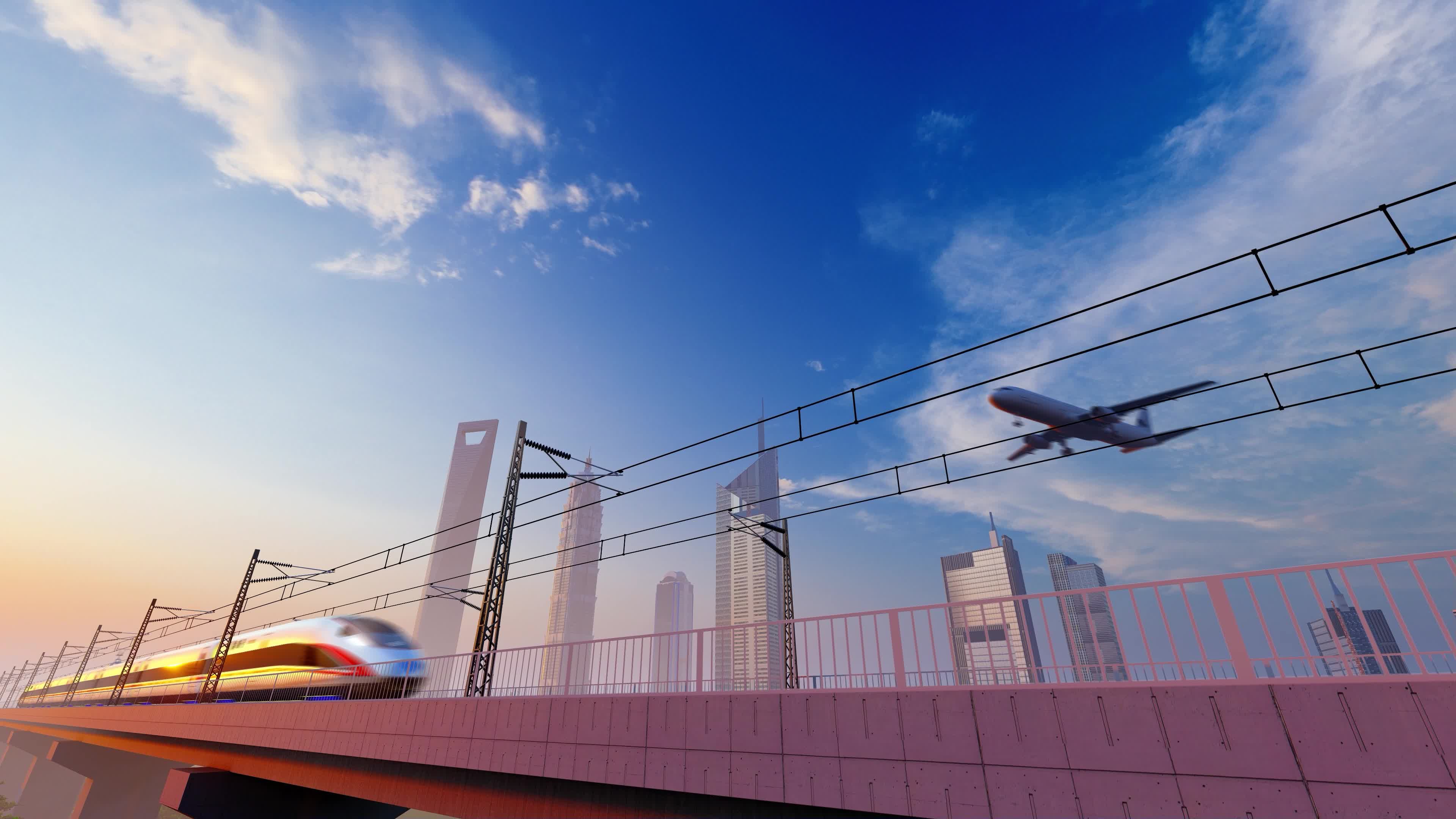 复兴号高铁日出穿梭桥梁