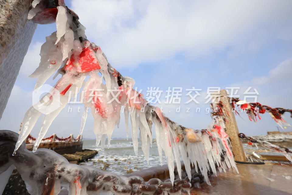 月亮湾景区的铁锁和木牌被冰裹住。