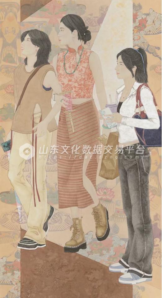 国画《三姝戏纸鸢》