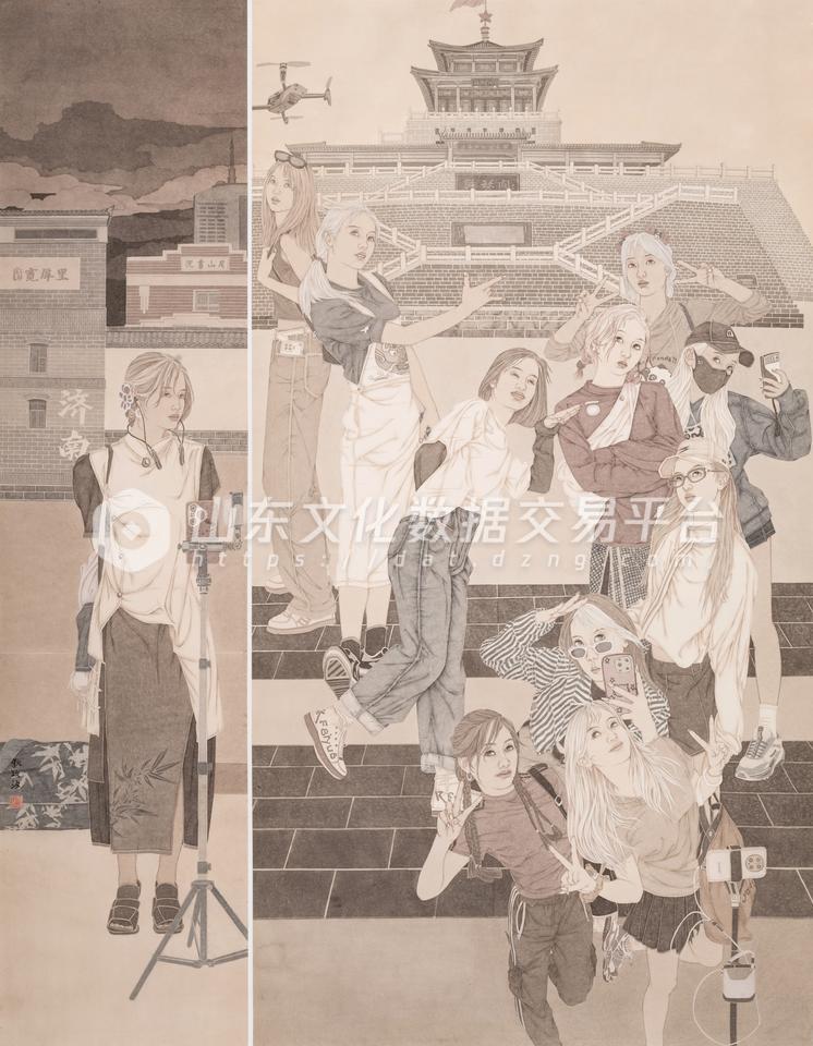 国画《古韵今风入镜屏》