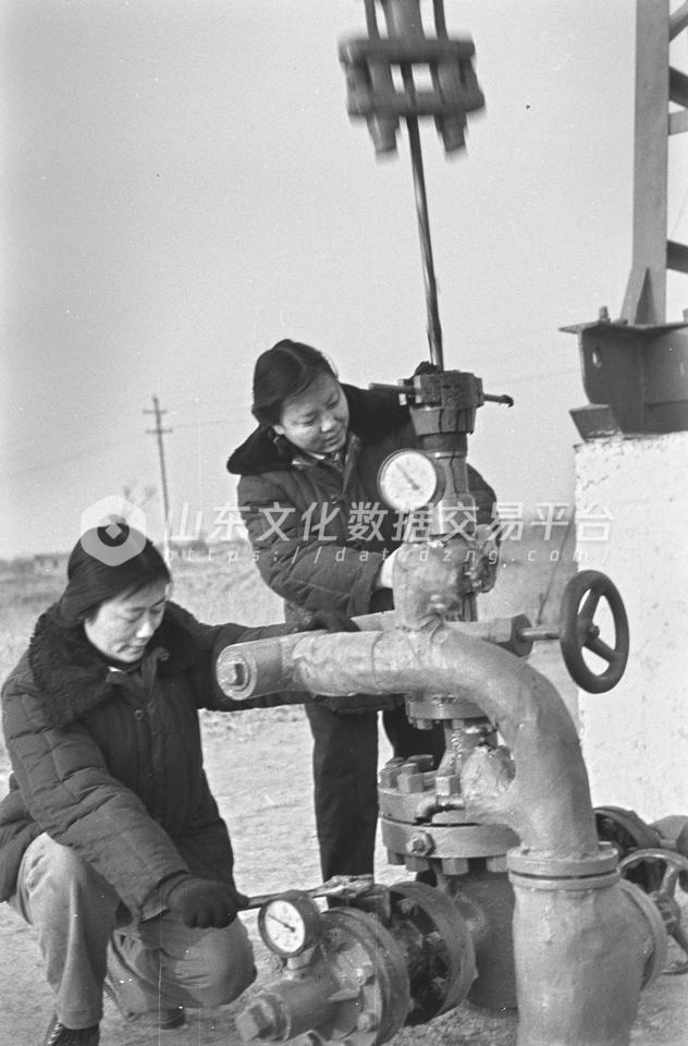 胜利油田职工精心维护采油设备。